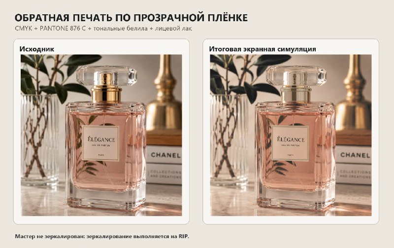 Обратная печать по прозрачной пленке: CMYK + бронза + тональные белила + лак — изображение 1